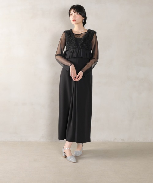 セール】チュールフリルペプラム Iラインワンピースドレス シアー