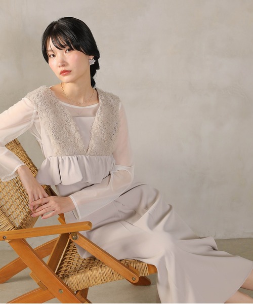 セール】チュールフリルペプラム Iラインワンピースドレス シアー