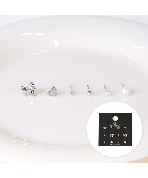 DIEUAMOUR（ディユーアモール）の「[12PACK] プチリボンパールデイリーイヤリングセット（ピアス（両耳用）・レディース・ホワイトゴールド/イエローゴールド・FREE）」の4枚目の写真