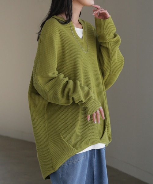 HUG.U(ハグユー)の「綿100% オリガミキーネックドルマンニット(ニット/セーター・レディース・パープル/ブラウン/レッド/グレー/ブラック/ブルー/ライム/ホワイト・FREE)」の9枚目の写真