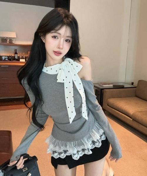 Sibra(シブラ)の「ドットリボン×オフショルレーストップス(Tシャツ/カットソー・レディース・グレー・M)」の1枚目の写真