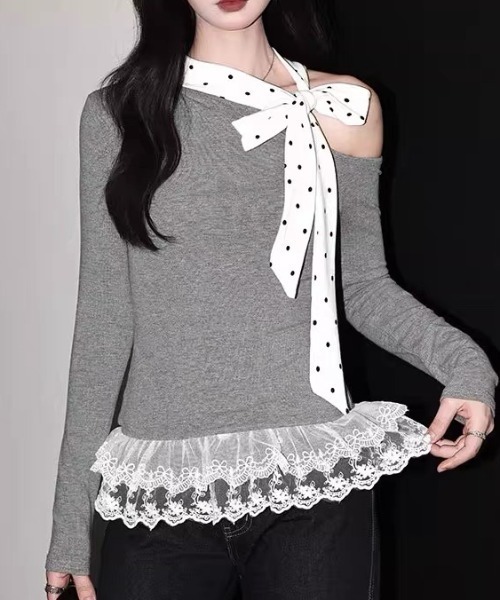 Sibra(シブラ)の「ドットリボン×オフショルレーストップス(Tシャツ/カットソー・レディース・グレー・M)」の4枚目の写真