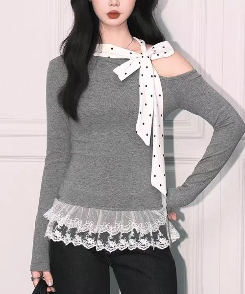 Sibra(シブラ)の「ドットリボン×オフショルレーストップス(Tシャツ/カットソー・レディース・グレー・M)」の6枚目の写真