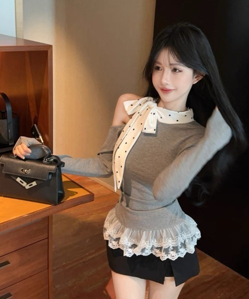 Sibra(シブラ)の「ドットリボン×オフショルレーストップス(Tシャツ/カットソー・レディース・グレー・M)」の11枚目の写真