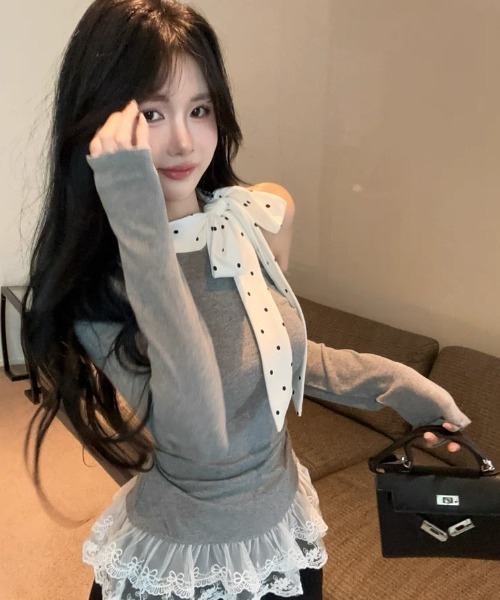 Sibra(シブラ)の「ドットリボン×オフショルレーストップス(Tシャツ/カットソー・レディース・グレー・M)」の13枚目の写真