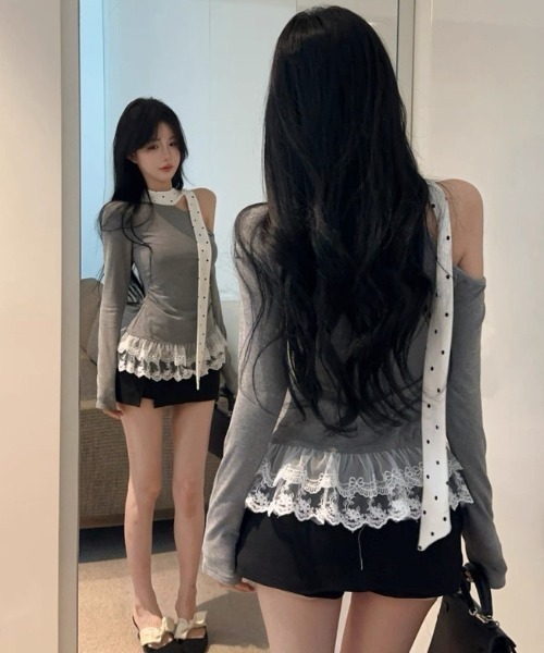 Sibra(シブラ)の「ドットリボン×オフショルレーストップス(Tシャツ/カットソー・レディース・グレー・M)」の15枚目の写真