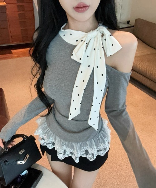 Sibra(シブラ)の「ドットリボン×オフショルレーストップス(Tシャツ/カットソー・レディース・グレー・M)」の16枚目の写真