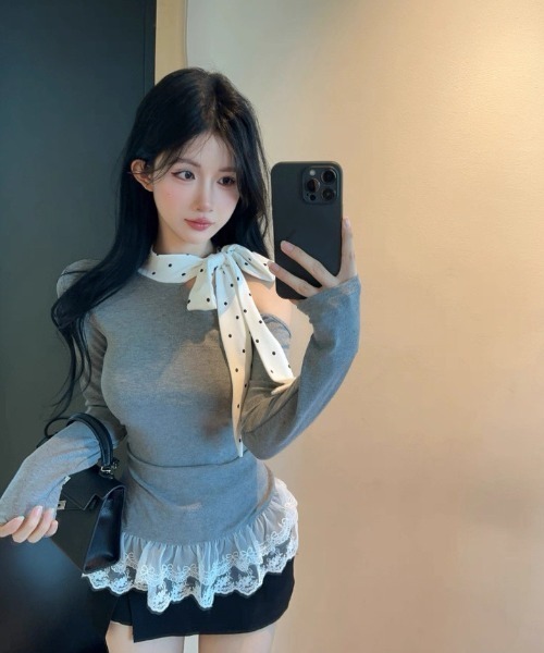 Sibra(シブラ)の「ドットリボン×オフショルレーストップス(Tシャツ/カットソー・レディース・グレー・M)」の17枚目の写真