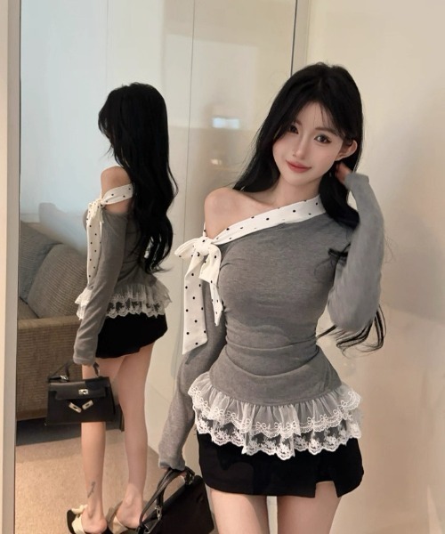Sibra(シブラ)の「ドットリボン×オフショルレーストップス(Tシャツ/カットソー・レディース・グレー・M)」の18枚目の写真