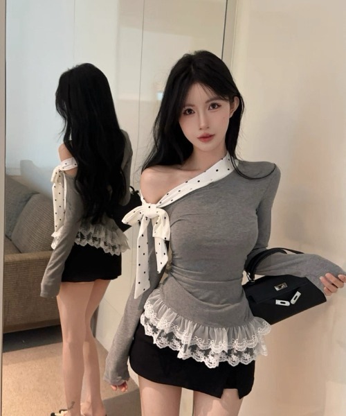 Sibra(シブラ)の「ドットリボン×オフショルレーストップス(Tシャツ/カットソー・レディース・グレー・M)」の19枚目の写真