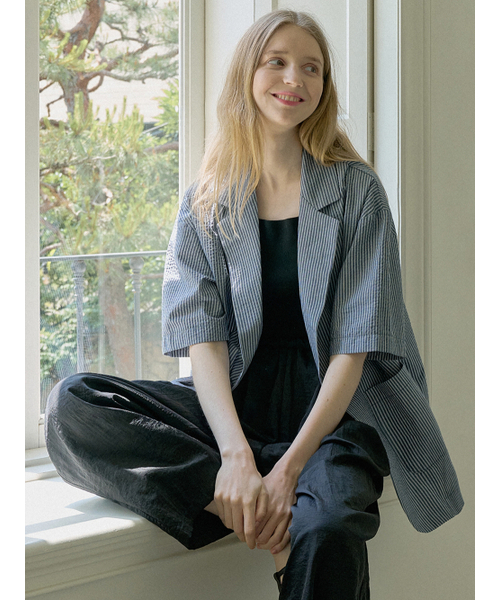 Stripe Overfit Short Sleeve Jacket - NAVY