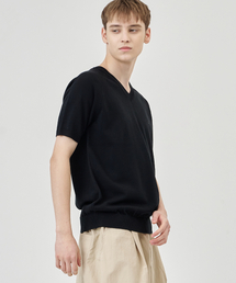 THE-ABON（エイボン）の「トシVネックニット半袖Tシャツブラック（Tシャツ/カットソー）」