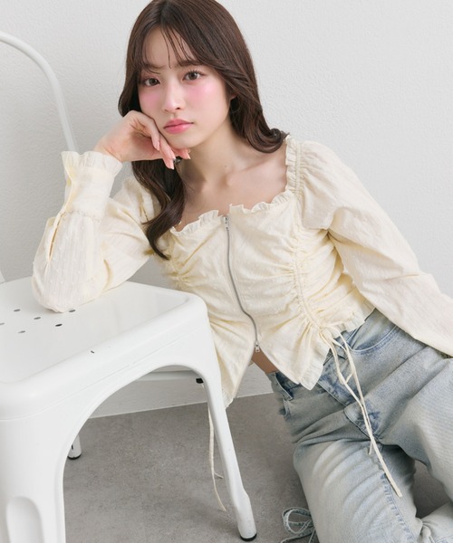 OLIVE des OLIVE（オリーブデオリーブ）の「ドロストジップブラウス（シャツ/ブラウス・レディース・イエロー/オフホワイト/ブラック・FREE）」の3枚目の写真