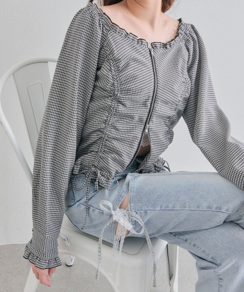 OLIVE des OLIVE（オリーブデオリーブ）の「ドロストジップブラウス（シャツ/ブラウス・レディース・イエロー/オフホワイト/ブラック・FREE）」の2枚目の写真