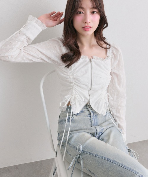 OLIVE des OLIVE（オリーブデオリーブ）の「ドロストジップブラウス（シャツ/ブラウス・レディース・イエロー/オフホワイト/ブラック・FREE）」の4枚目の写真