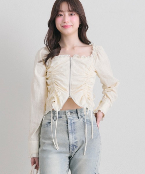 OLIVE des OLIVE（オリーブデオリーブ）の「ドロストジップブラウス（シャツ/ブラウス・レディース・イエロー/オフホワイト/ブラック・FREE）」の9枚目の写真