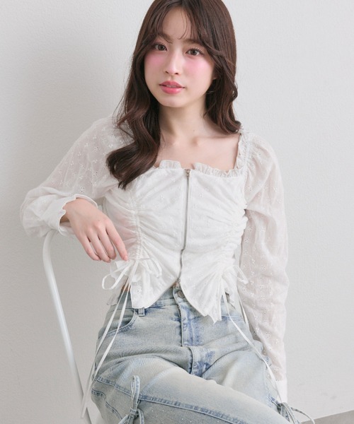 OLIVE des OLIVE（オリーブデオリーブ）の「ドロストジップブラウス（シャツ/ブラウス・レディース・イエロー/オフホワイト/ブラック・FREE）」の5枚目の写真