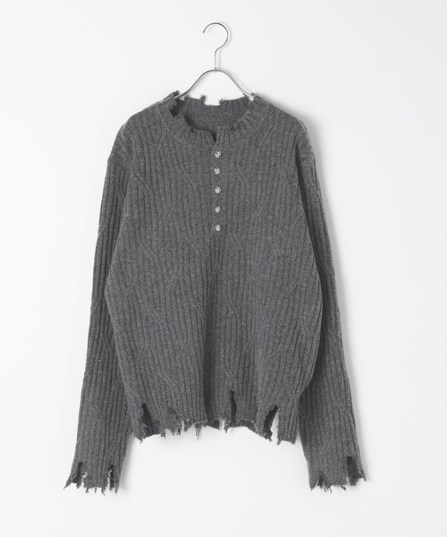 LAND MUSEUM(ランドミュージアム)の「LAND MUSEUM/ダメージヘンリーニット(ニット/セーター・メンズ・グレー/ブラック・MEDIUM/LARGE)」の14枚目の写真