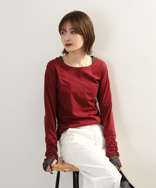 FUNALIVE(ファンアライブ)の「フェイクレイヤードロングTシャツ(Tシャツ/カットソー・レディース・ロイヤルブルー/モカ/ネイビー/ワインレッド/ホワイト/杢グレー/チャコールグレー/ブラック/ブルーグリーン/カーキ・M/L/LL/3L)」の1枚目の写真