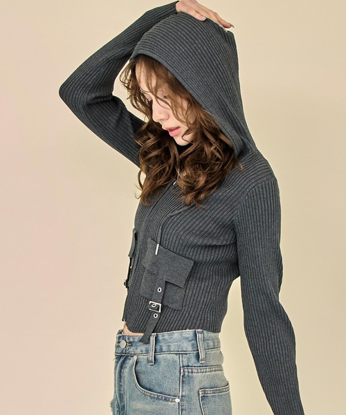 ANAP(アナップ)の「リブニットフラップポケット ダブルジップ トップス(ニット/セーター・レディース・ブルー/ダークグレー/ライトグレー・F)」の5枚目の写真