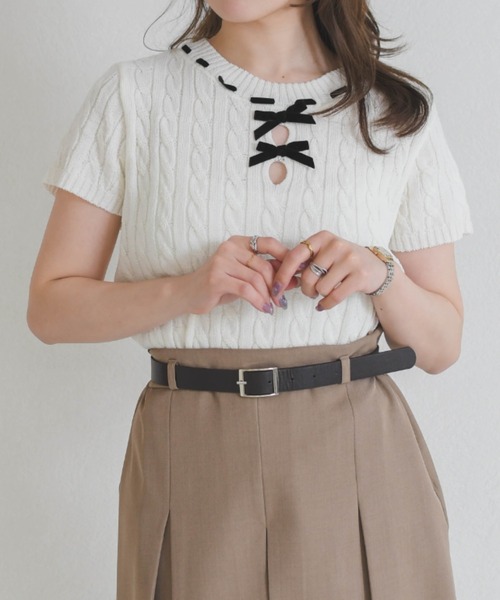 31 Sons de mode（トランテアン　ソン　ドゥ　モード）の「一部店舗限定 フロントリボン半袖ニット（ニット/セーター・レディース・イエロー/ピンク/ホワイト・ﾌﾘ-）」の4枚目の写真