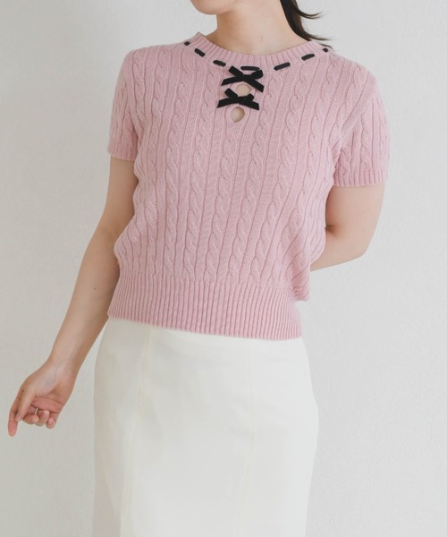 31 Sons de mode（トランテアン　ソン　ドゥ　モード）の「一部店舗限定 フロントリボン半袖ニット（ニット/セーター・レディース・イエロー/ピンク/ホワイト・ﾌﾘ-）」の13枚目の写真