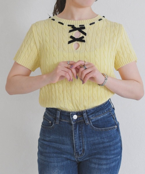 31 Sons de mode（トランテアン　ソン　ドゥ　モード）の「一部店舗限定 フロントリボン半袖ニット（ニット/セーター・レディース・イエロー/ピンク/ホワイト・ﾌﾘ-）」の9枚目の写真