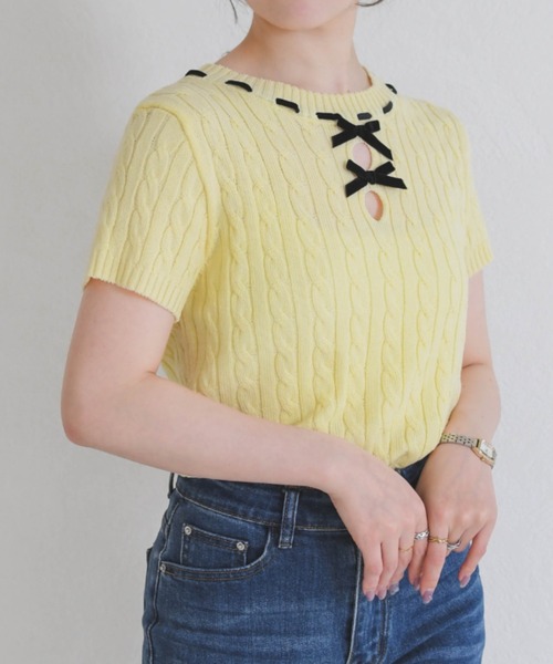 31 Sons de mode（トランテアン　ソン　ドゥ　モード）の「一部店舗限定 フロントリボン半袖ニット（ニット/セーター・レディース・イエロー/ピンク/ホワイト・ﾌﾘ-）」の10枚目の写真