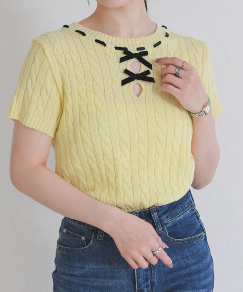 31 Sons de mode（トランテアン　ソン　ドゥ　モード）の「一部店舗限定 フロントリボン半袖ニット（ニット/セーター・レディース・イエロー/ピンク/ホワイト・ﾌﾘ-）」の11枚目の写真