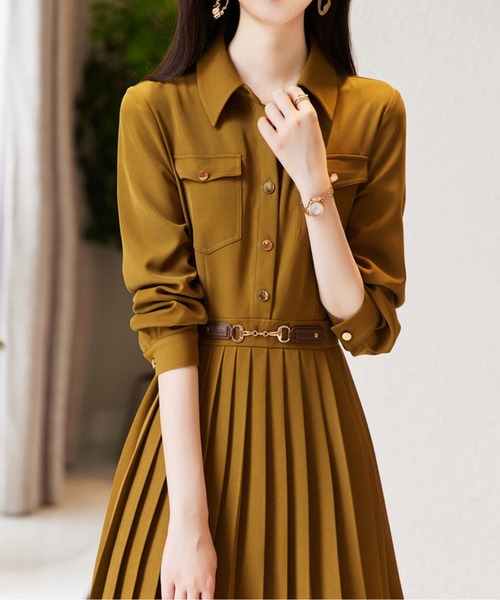 CHUL(チュル)の「ベルト付きプリーツシャツワンピース(ワンピース・レディース・ネイビー/オリーブ・LARGE/MEDIUM/SMALL/X-LARGE)」の2枚目の写真