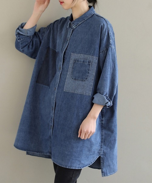 ONEP STAR(ワンピスター)の「ストライプポケット付きデニムシャツ(シャツ/ブラウス・レディース・ブルー・X-LARGE/LARGE/MEDIUM)」の2枚目の写真