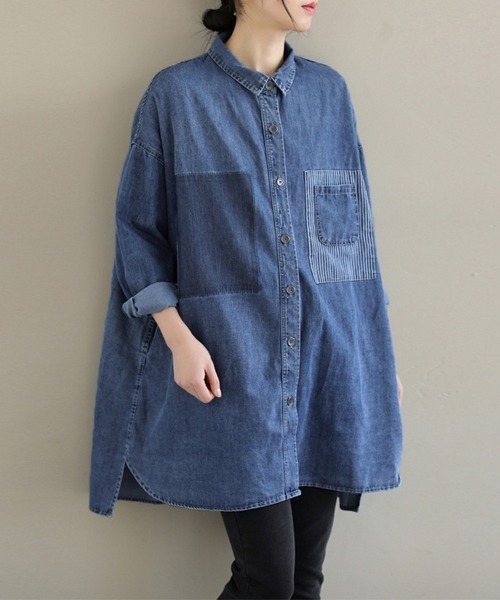 ONEP STAR(ワンピスター)の「ストライプポケット付きデニムシャツ(シャツ/ブラウス・レディース・ブルー・X-LARGE/LARGE/MEDIUM)」の4枚目の写真