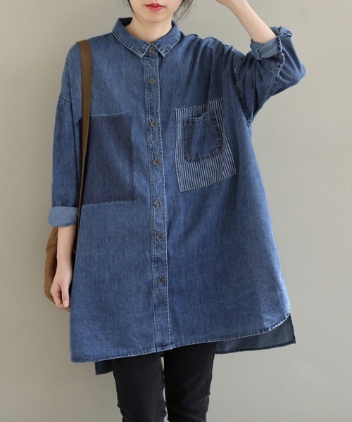 ONEP STAR(ワンピスター)の「ストライプポケット付きデニムシャツ(シャツ/ブラウス・レディース・ブルー・X-LARGE/LARGE/MEDIUM)」の5枚目の写真