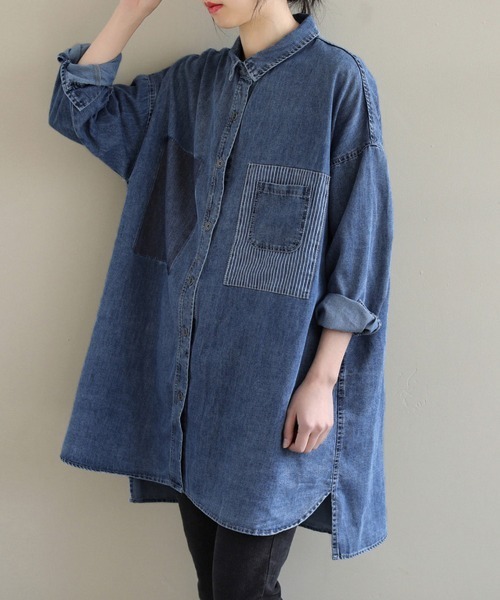 ONEP STAR(ワンピスター)の「ストライプポケット付きデニムシャツ(シャツ/ブラウス・レディース・ブルー・X-LARGE/LARGE/MEDIUM)」の6枚目の写真