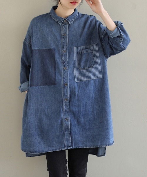 ONEP STAR(ワンピスター)の「ストライプポケット付きデニムシャツ(シャツ/ブラウス・レディース・ブルー・X-LARGE/LARGE/MEDIUM)」の7枚目の写真