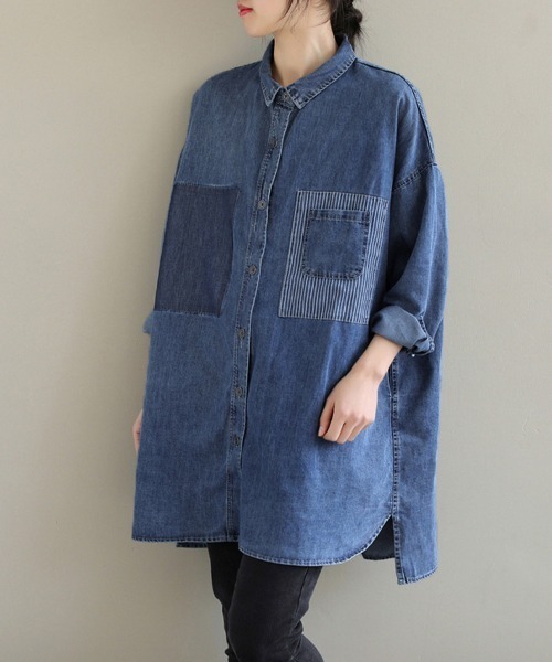 ONEP STAR(ワンピスター)の「ストライプポケット付きデニムシャツ(シャツ/ブラウス・レディース・ブルー・X-LARGE/LARGE/MEDIUM)」の8枚目の写真