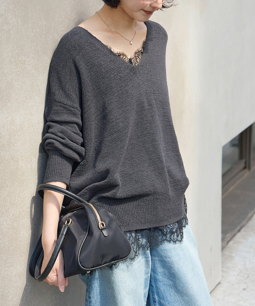 JOURNAL STANDARD(ジャーナルスタンダード)の「テープヤーンニュアンスVプルオーバー(ニット/セーター・レディース・アイボリー/レッド/ブラック系その他・FREE)」の3枚目の写真