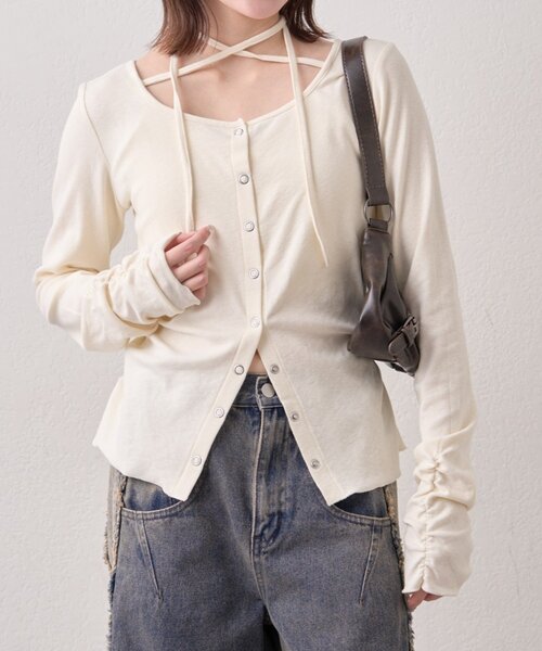 mline（エムライン）の「[mline]チョーカーボタントップス（Tシャツ/カットソー・レディース・オフホワイト/グレー/ピンク/ネイビー・FREE）」の2枚目の写真