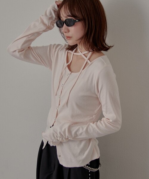 mline（エムライン）の「[mline]チョーカーボタントップス（Tシャツ/カットソー・レディース・オフホワイト/グレー/ピンク/ネイビー・FREE）」の4枚目の写真