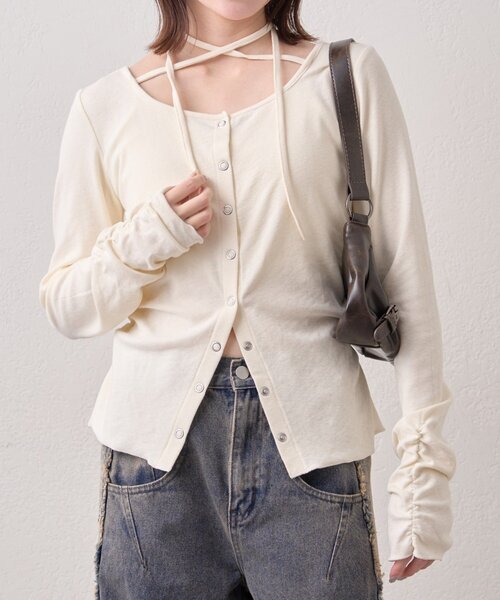 mline（エムライン）の「[mline]チョーカーボタントップス（Tシャツ/カットソー・レディース・オフホワイト/グレー/ピンク/ネイビー・FREE）」の6枚目の写真