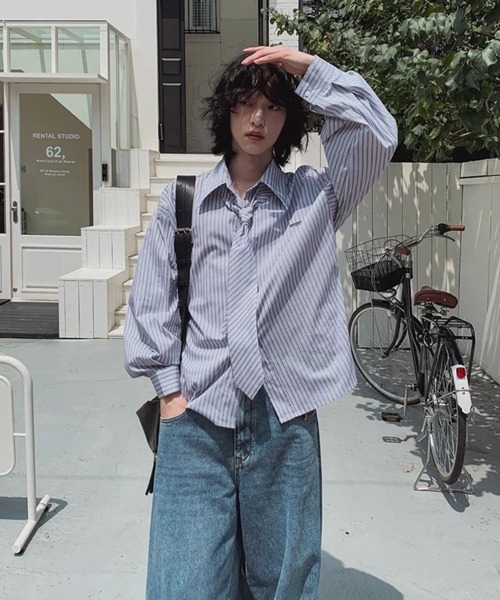 NOWLE(ノウル)の「【NOWLE】ネクタイ付き メタルプレート ワンポイント ストライプ ルーズシャツ(シャツ/ブラウス・メンズ・ライトブルー/グレー・MEDIUM/LARGE/X-LARGE)」の17枚目の写真