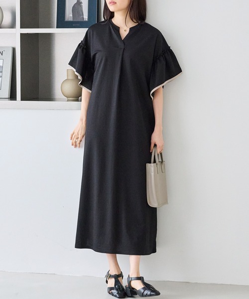 LAVEANGE(ラビアンジェ)の「【好機能シリーズ】接触冷感|トリコットフリルスリーブワンピース|1枚で着映える/上品落ち感/ スキッパーワンピース / フレアワンピース/体型カバー(ワンピース・レディース・ブラック/ドット/インディゴブルー/ダークブラウン・M/LL/3L/4L/5L)」の7枚目の写真
