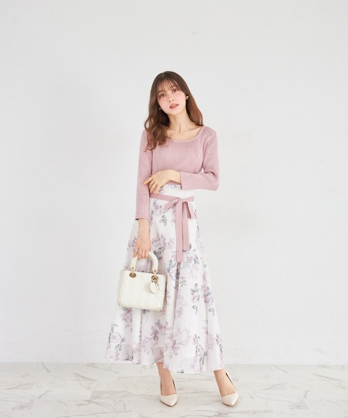 tocco closet(トッコ クローゼット)の「ウエストリボン付きリブニットドッキングフラワープリントワンピース(ワンピース・レディース・ピンク/ネイビー・M)」の11枚目の写真
