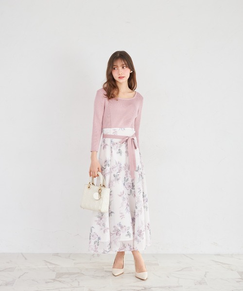 tocco closet(トッコ クローゼット)の「ウエストリボン付きリブニットドッキングフラワープリントワンピース(ワンピース・レディース・ピンク/ネイビー・M)」の12枚目の写真