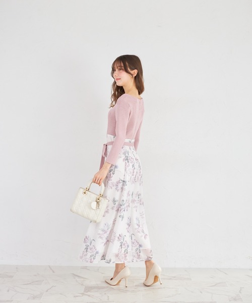 tocco closet(トッコ クローゼット)の「ウエストリボン付きリブニットドッキングフラワープリントワンピース(ワンピース・レディース・ピンク/ネイビー・M)」の14枚目の写真