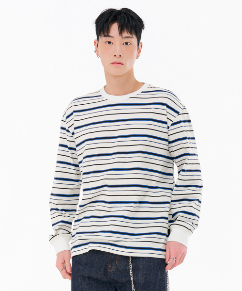 CHASECULT(チェイスカルト)の「男性ストライプ長袖Tシャツ-FARK5113B01(Tシャツ/カットソー・メンズ・ホワイト・100/105/95)」の1枚目の写真