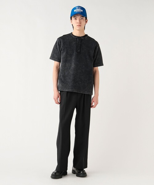 ユニセックス】加工 ワッフル ヘンリーネック ショートスリーブ T