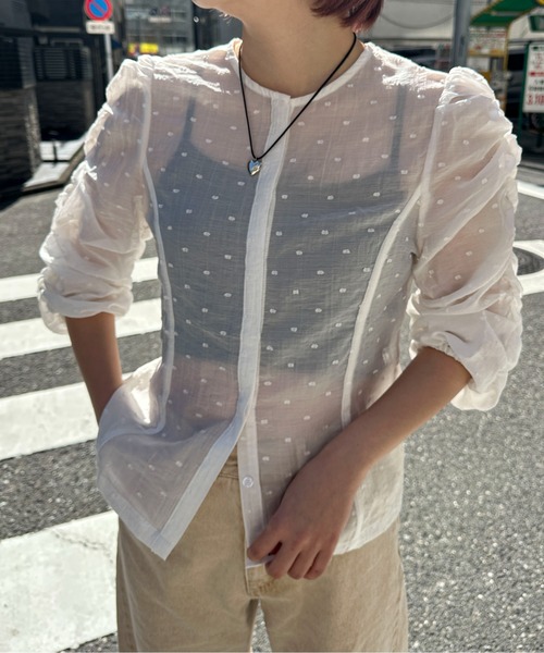 PILIT（ピリット）の「シアードビードット　シャーリング5分袖ブラウス（シャツ/ブラウス・レディース・ブラック/ホワイト・MEDIUM）」の2枚目の写真