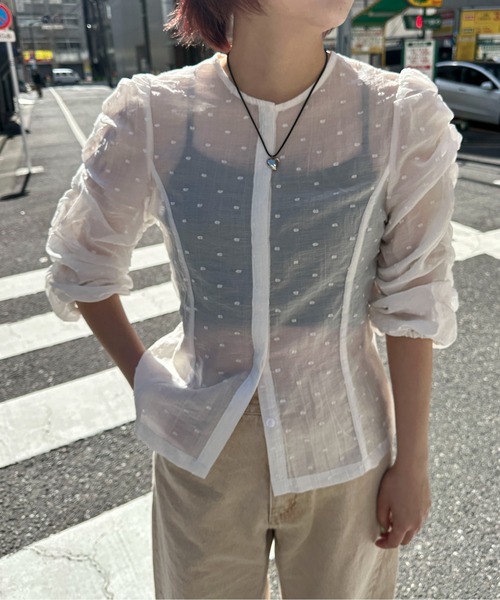 PILIT（ピリット）の「シアードビードット　シャーリング5分袖ブラウス（シャツ/ブラウス・レディース・ブラック/ホワイト・MEDIUM）」の3枚目の写真