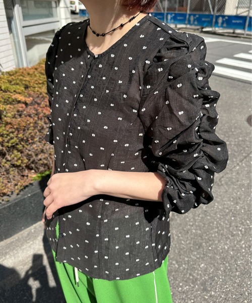 PILIT（ピリット）の「シアードビードット　シャーリング5分袖ブラウス（シャツ/ブラウス・レディース・ブラック/ホワイト・MEDIUM）」の15枚目の写真